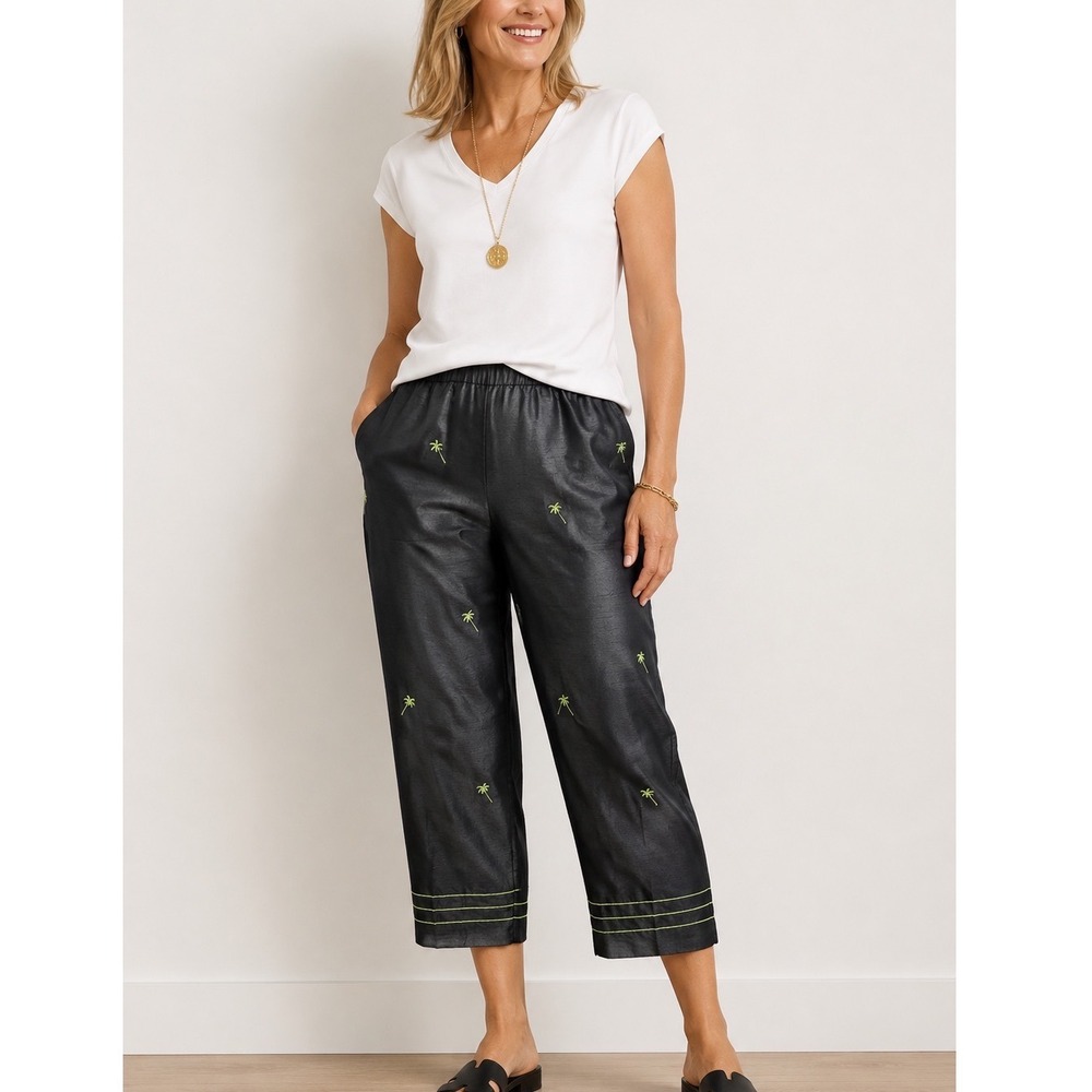 Sag Harbor Palm Tree Embroidered Cropped Linen Look Polyester Pants Womens Sz 16